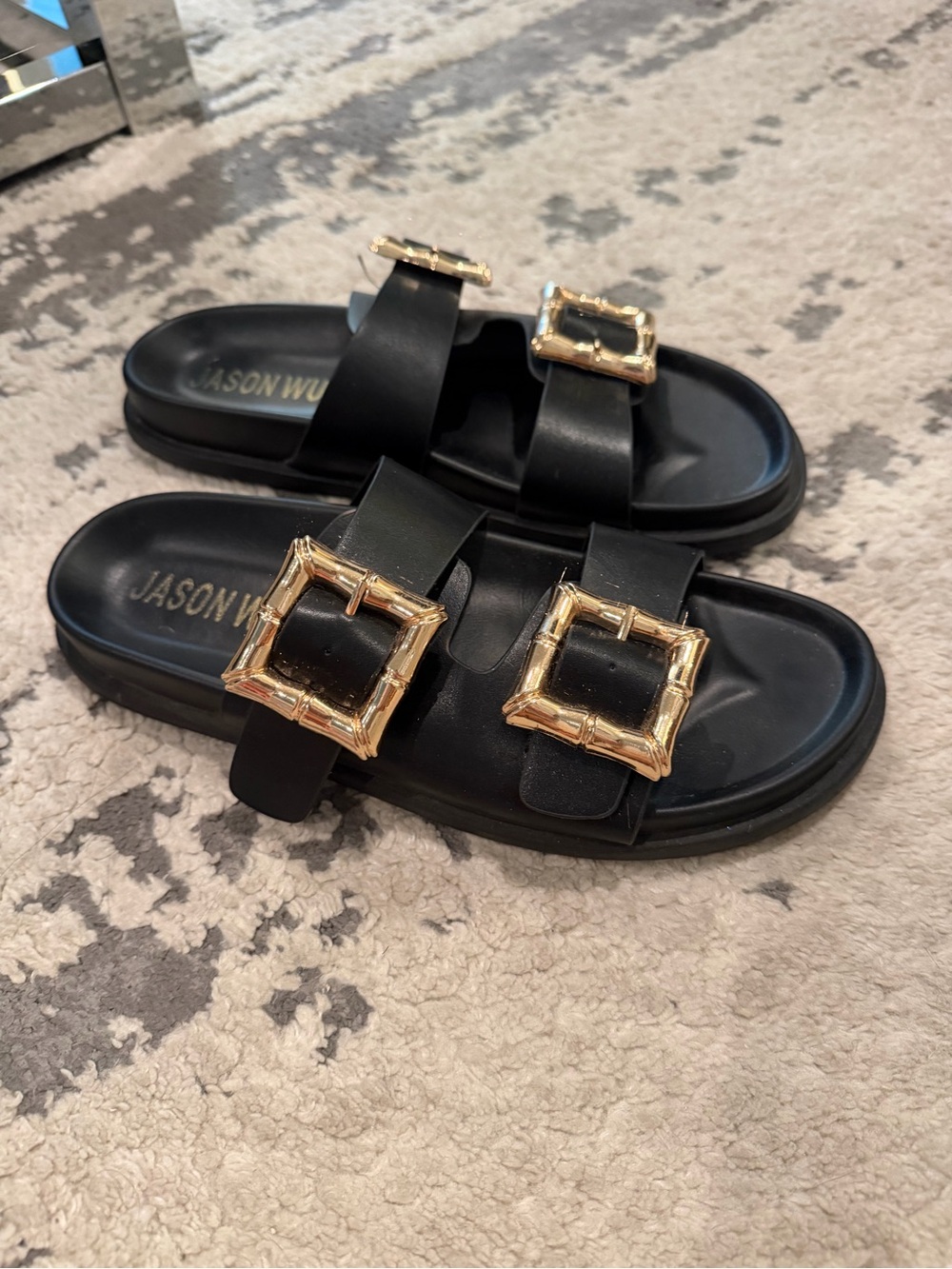 Jason Wu Black Slide Sandals with Gold Square Buckles